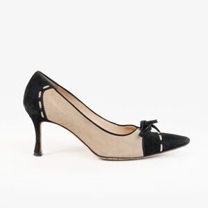 Manolo Blahnik Beige and Black Suede Bow Accent Pumps